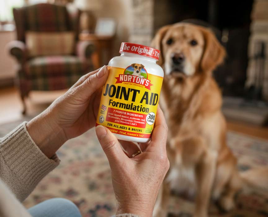 A woman holds a pot of Norton's Joint Aid tablets. She is in her living room and her pet dog is sat across from her.
