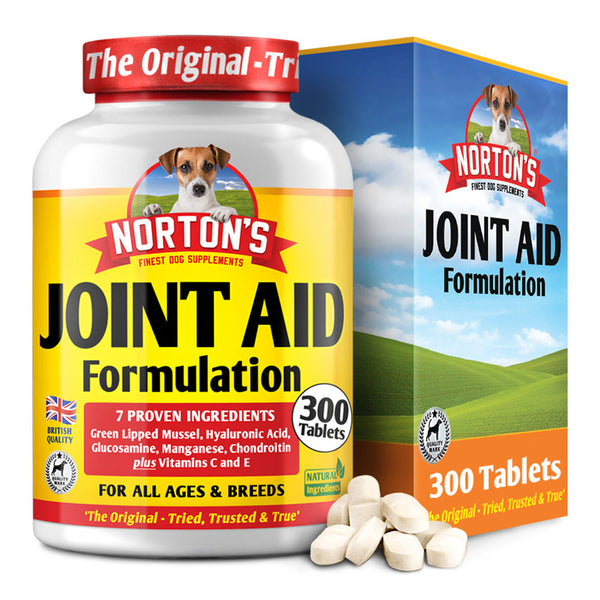Norton's Joint Aid tablets for dogs. Norton's dog joint supplement container and tablets on a white background